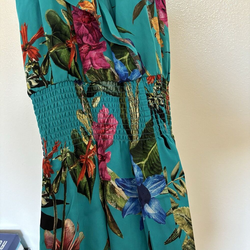 Parker 100% Silk Halter Mini Dress Sz S Floral Romantic Ruffle Smocked Waist - Picture 4 of 7
